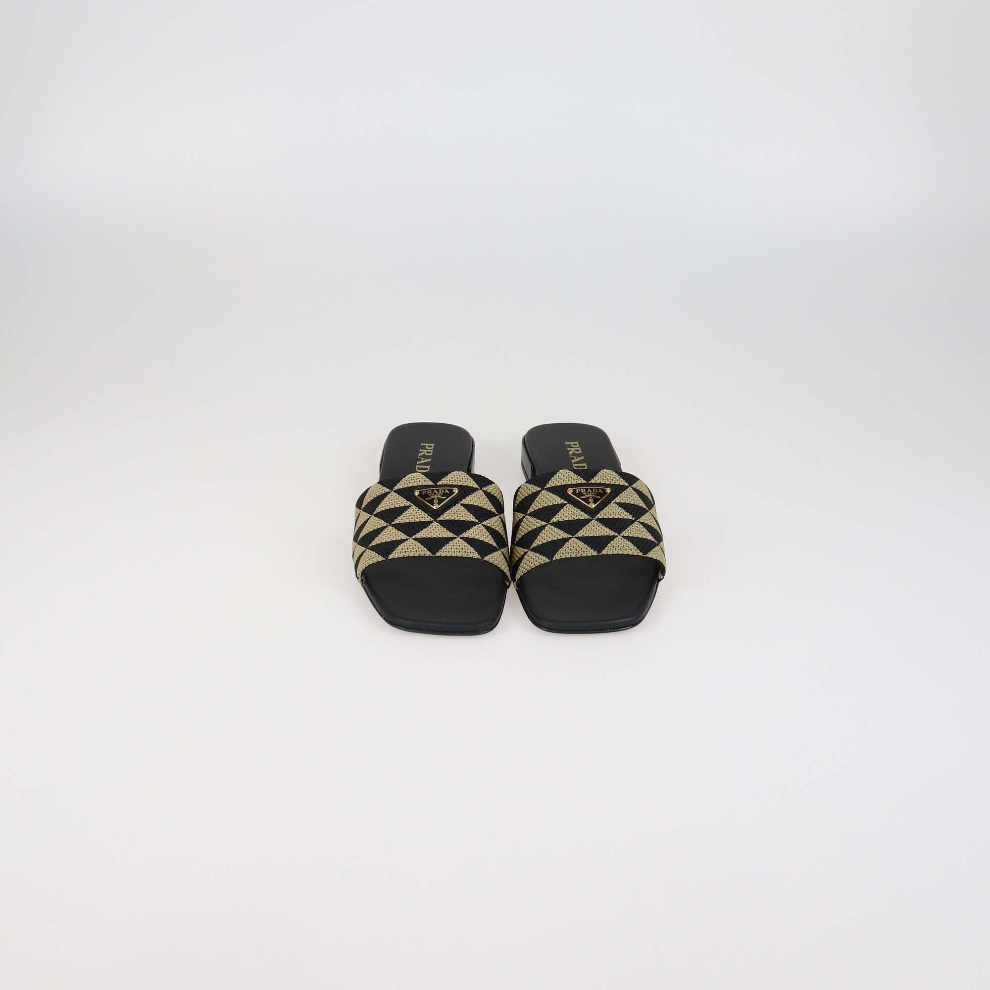 Prada Black/Beige Canvas Triangle Jacquard Flat Sandals
