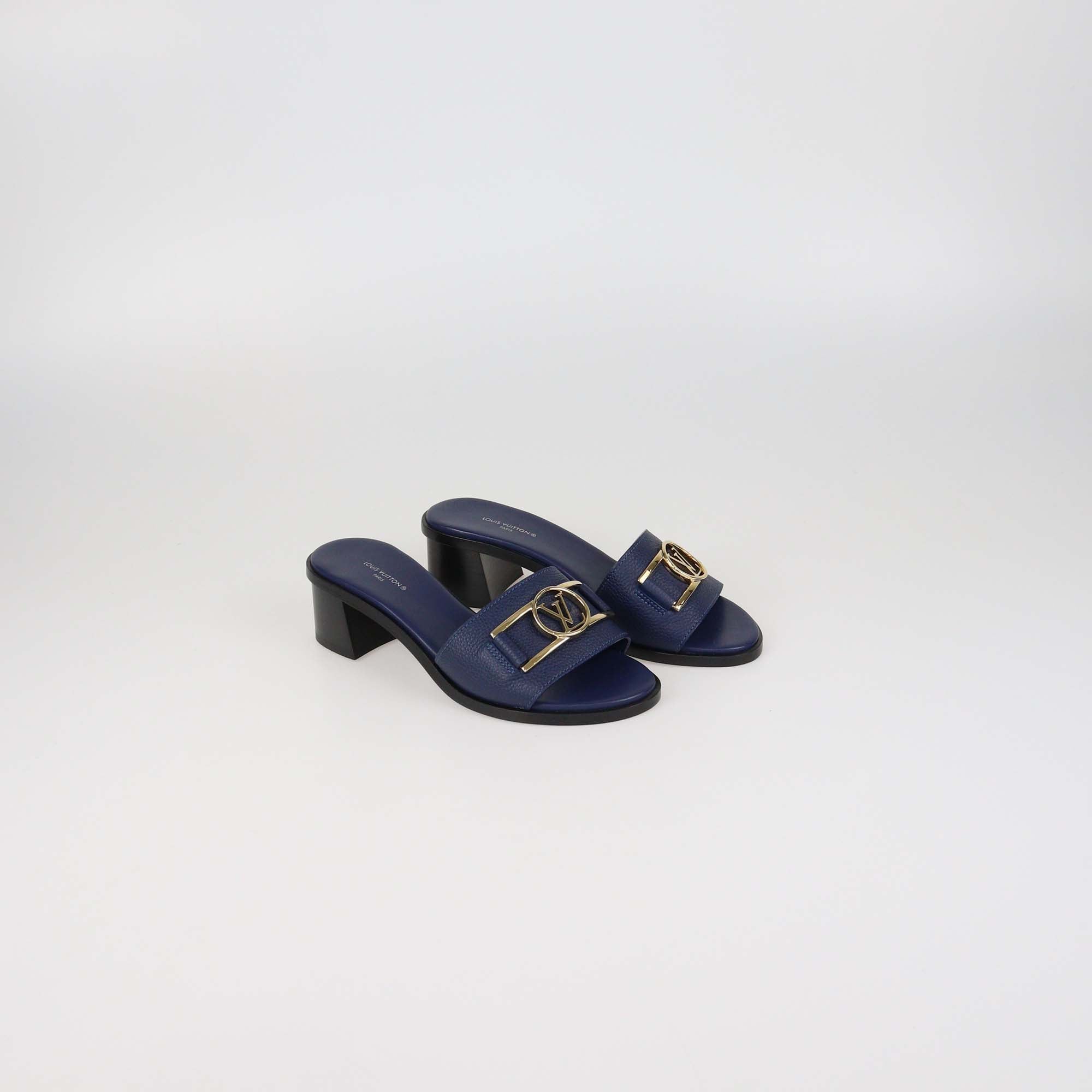 Louis Vuitton Navy Blue Leather Lock It Slide Sandals