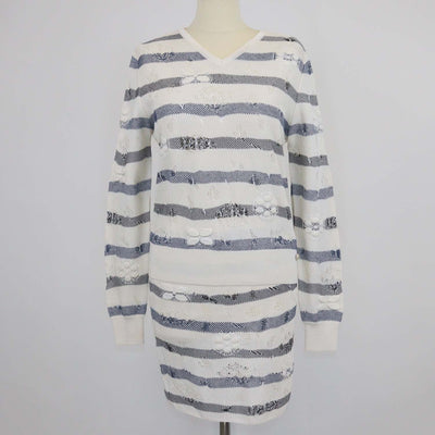 Chanel White/Blue Blend Viscose Striped Crochet Effect Sweater and Mini Skirt Set