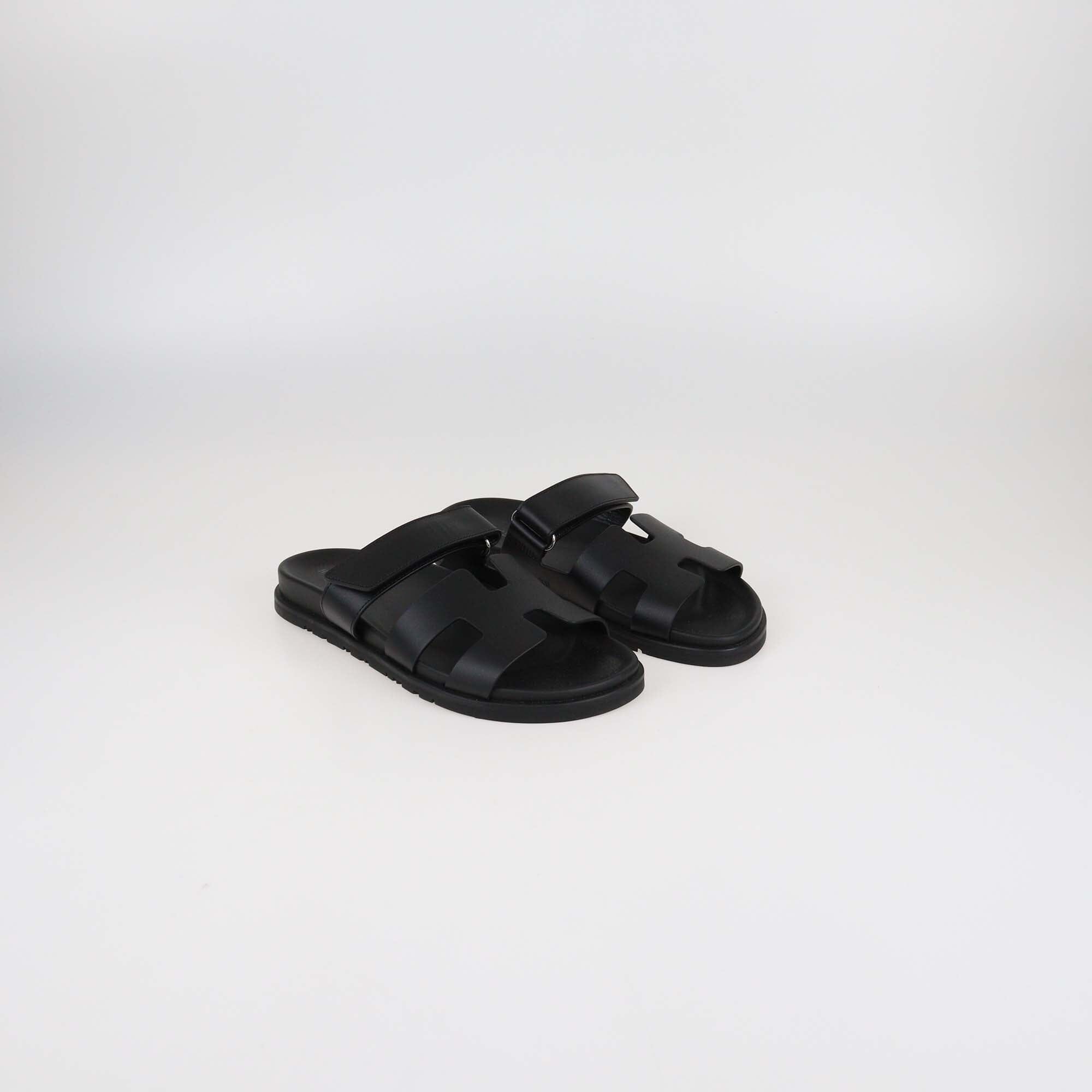 Hermès Black Leather Chypre Flat Sandals Womens Hermes 