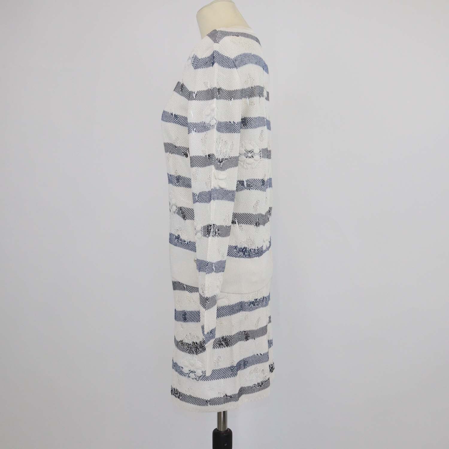 Chanel White/Blue Blend Viscose Striped Crochet Effect Sweater and Mini Skirt Set