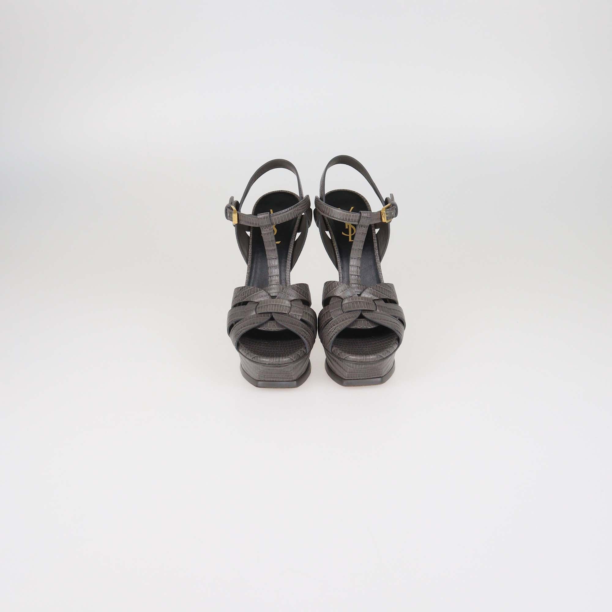 Saint Laurent Grey Lizard Embossed Leather Tribute Platform Sandals