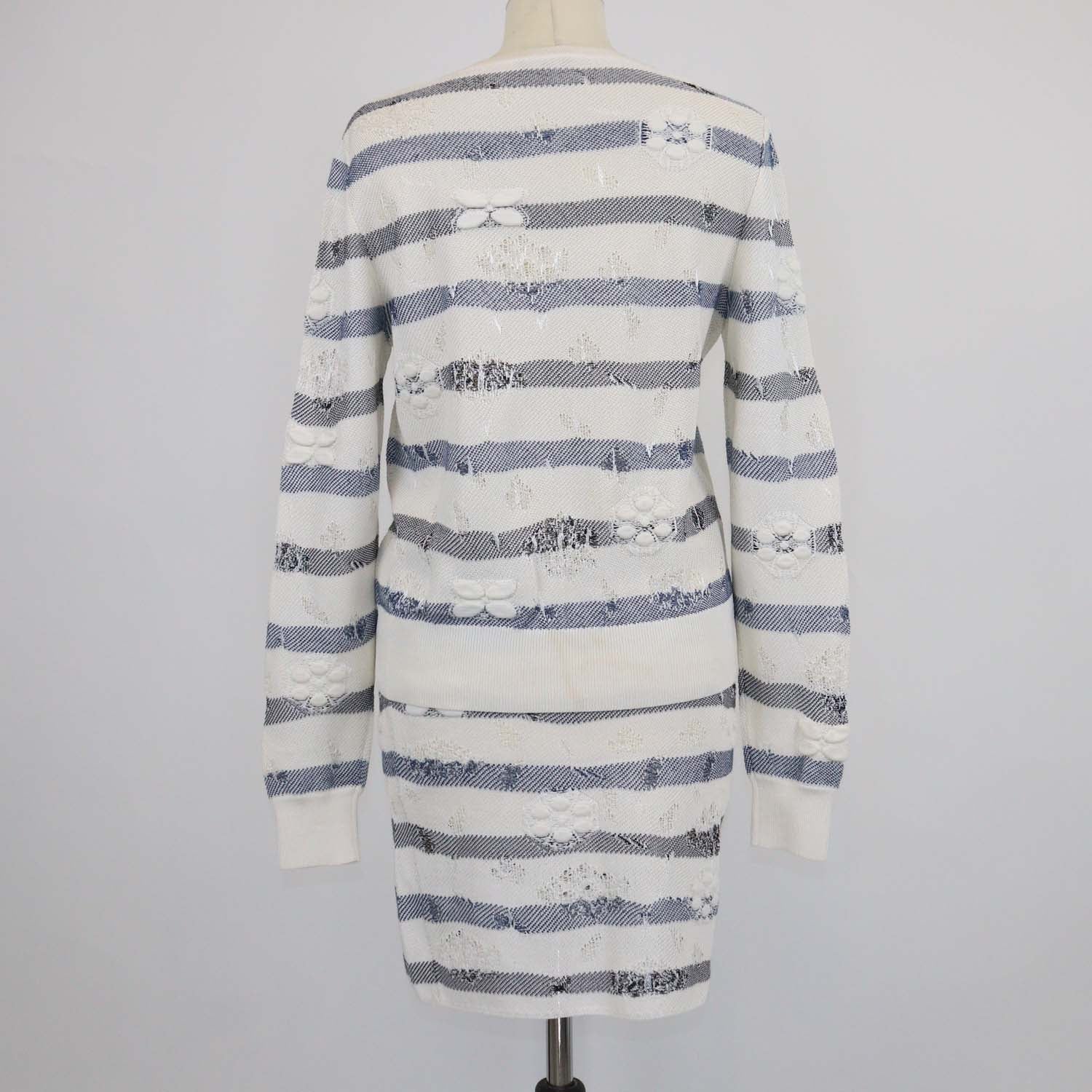 Chanel White/Blue Blend Viscose Striped Crochet Effect Sweater and Mini Skirt Set