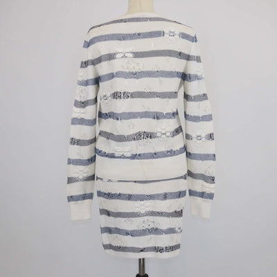 Chanel White/Blue Blend Viscose Striped Crochet Effect Sweater and Mini Skirt Set