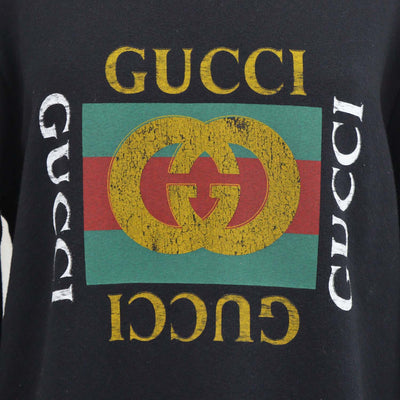 Gucci Black Cotton Logo Printed Distressed Sweatshirt