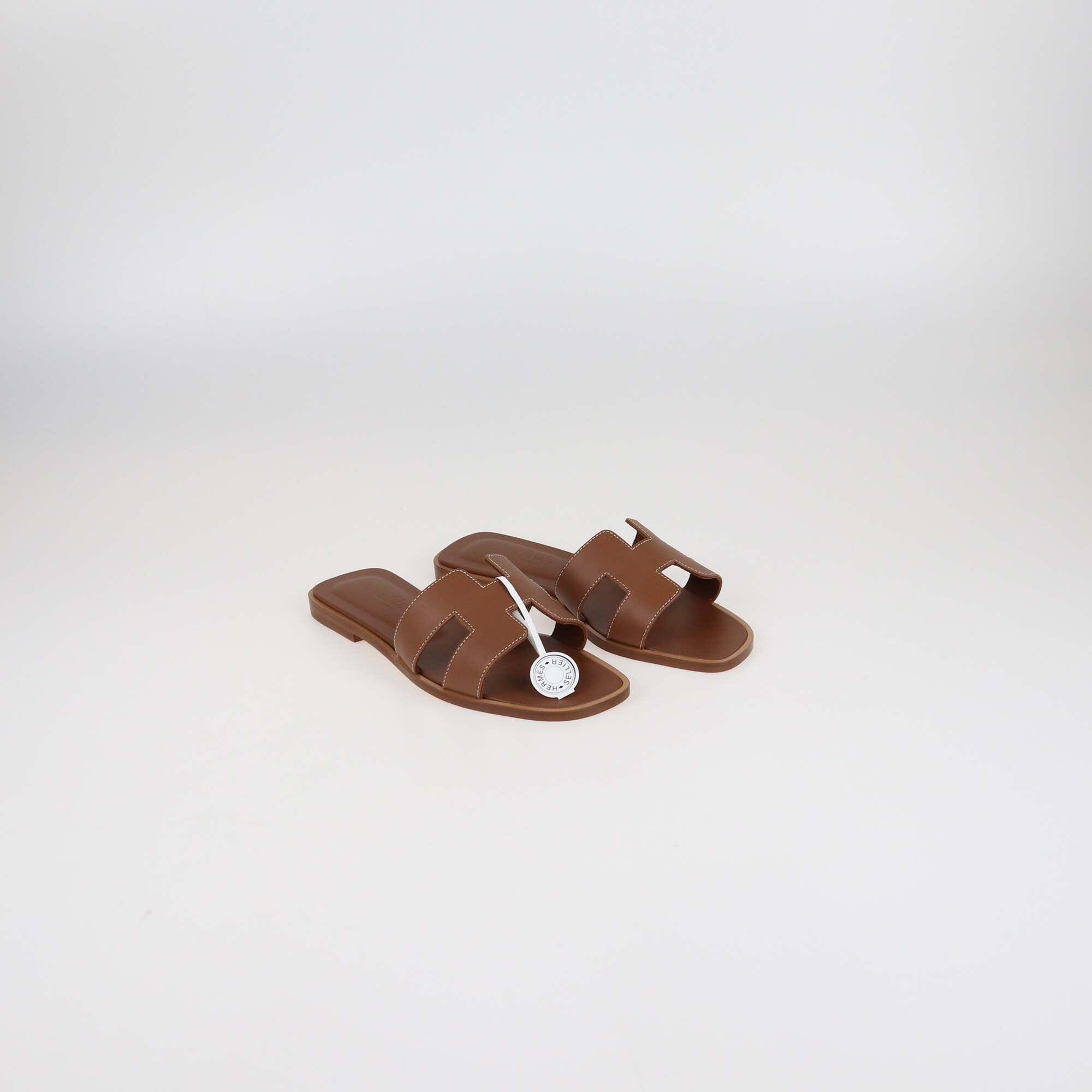Hermes Brown Leather Oran Flat Sandals Womens Hermes 