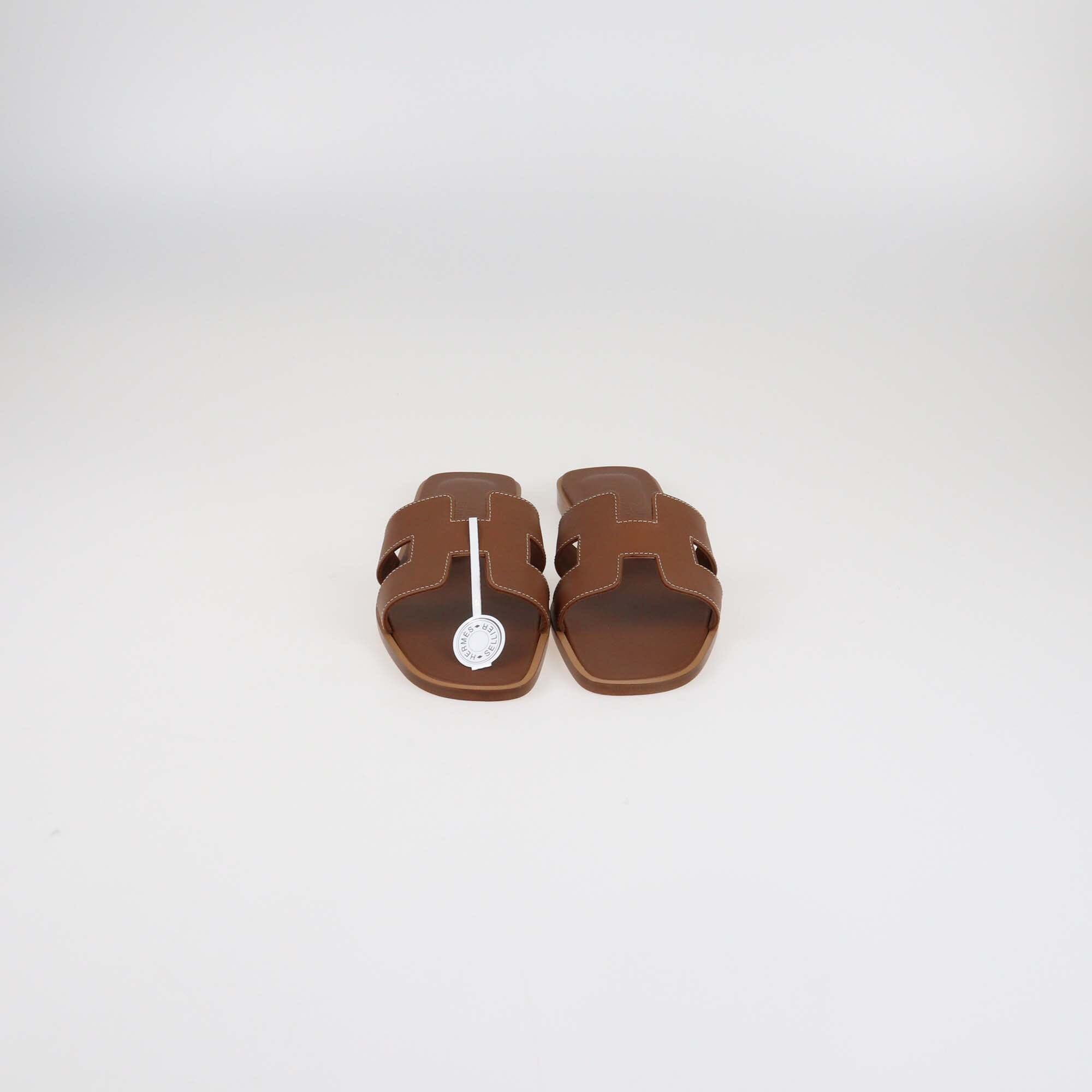 Hermes Brown Leather Oran Flat Sandals Womens Hermes 