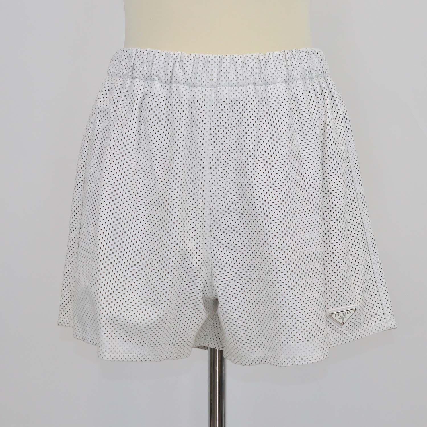 Prada White Perforated Leather High Waist Drawstring Short