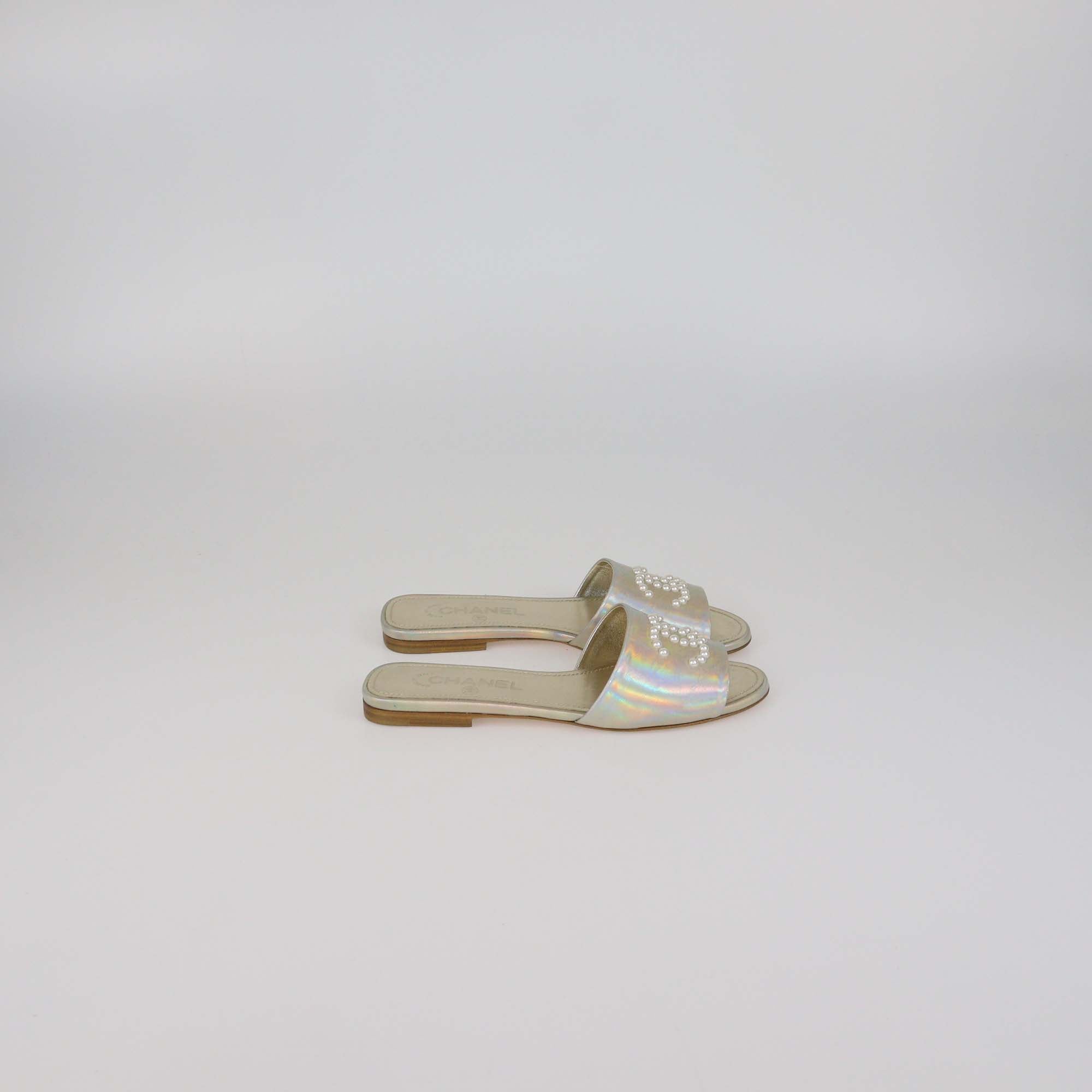 Chanel Metallic Leather Faux Pearl CC Flat Slides