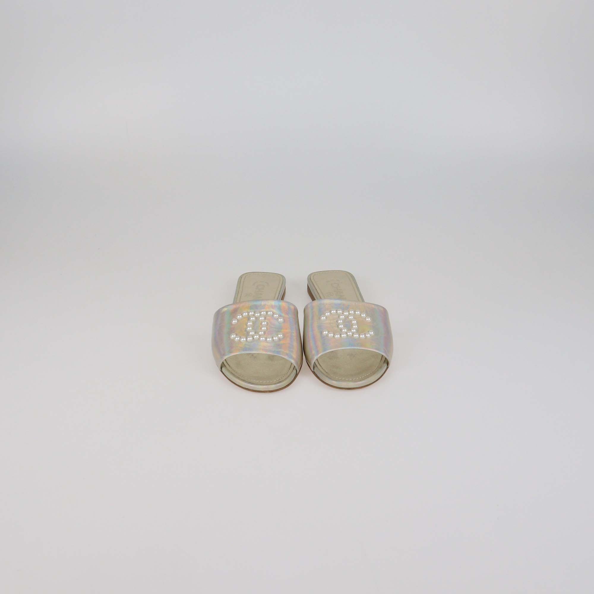 Chanel Metallic Leather Faux Pearl CC Flat Slides