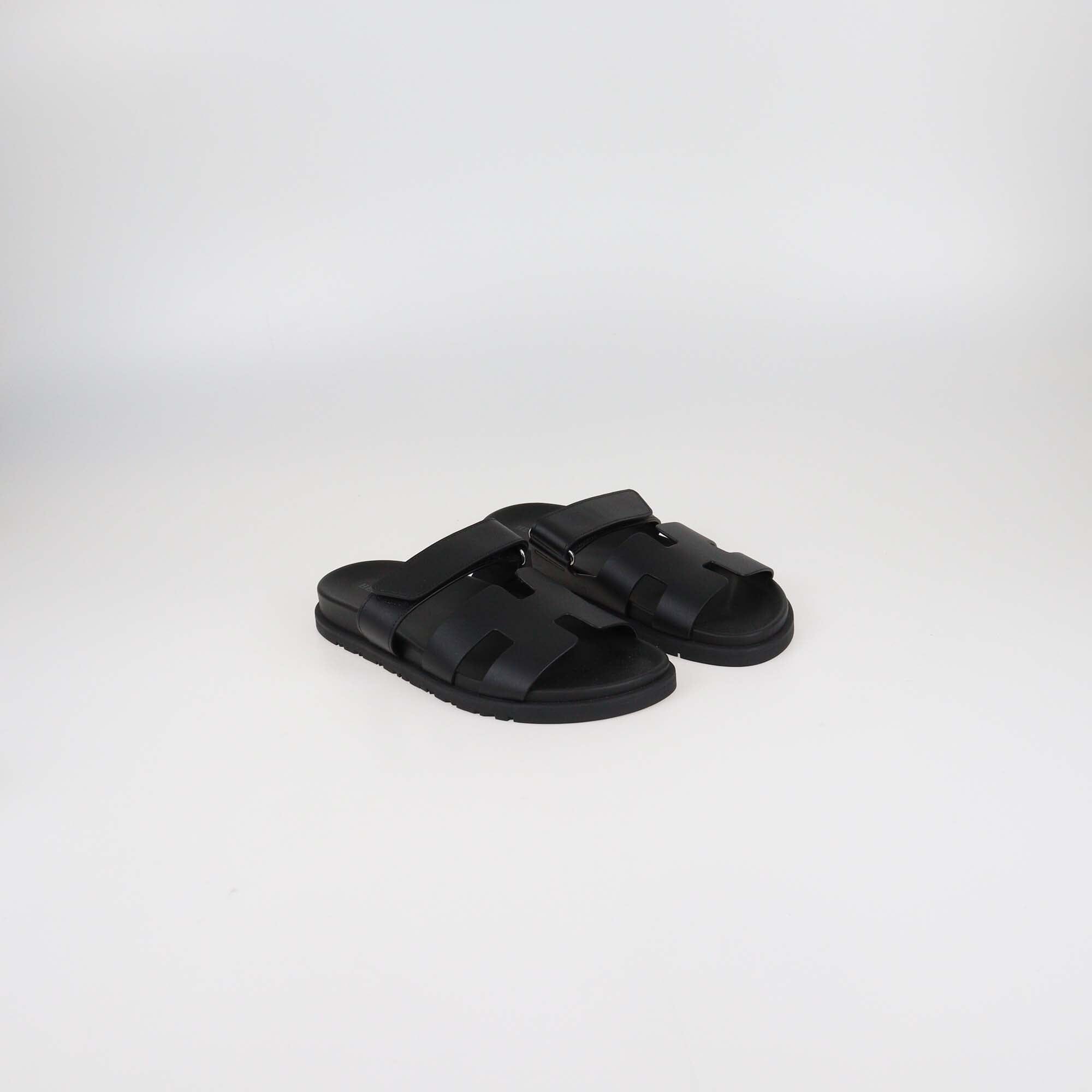 Hermès Black Leather Chypre Flat Sandals Womens Hermes 