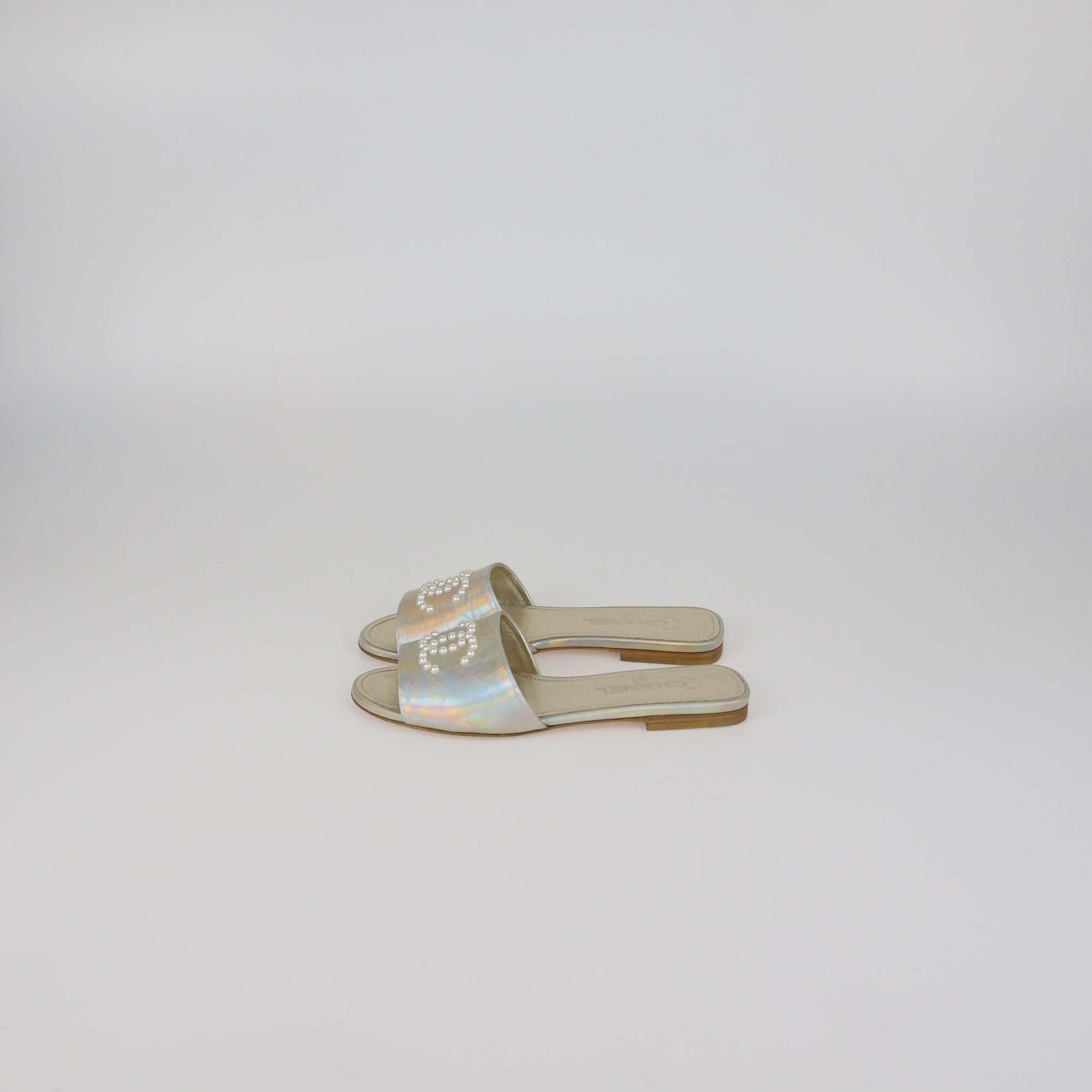 Chanel Metallic Leather Faux Pearl CC Flat Slides