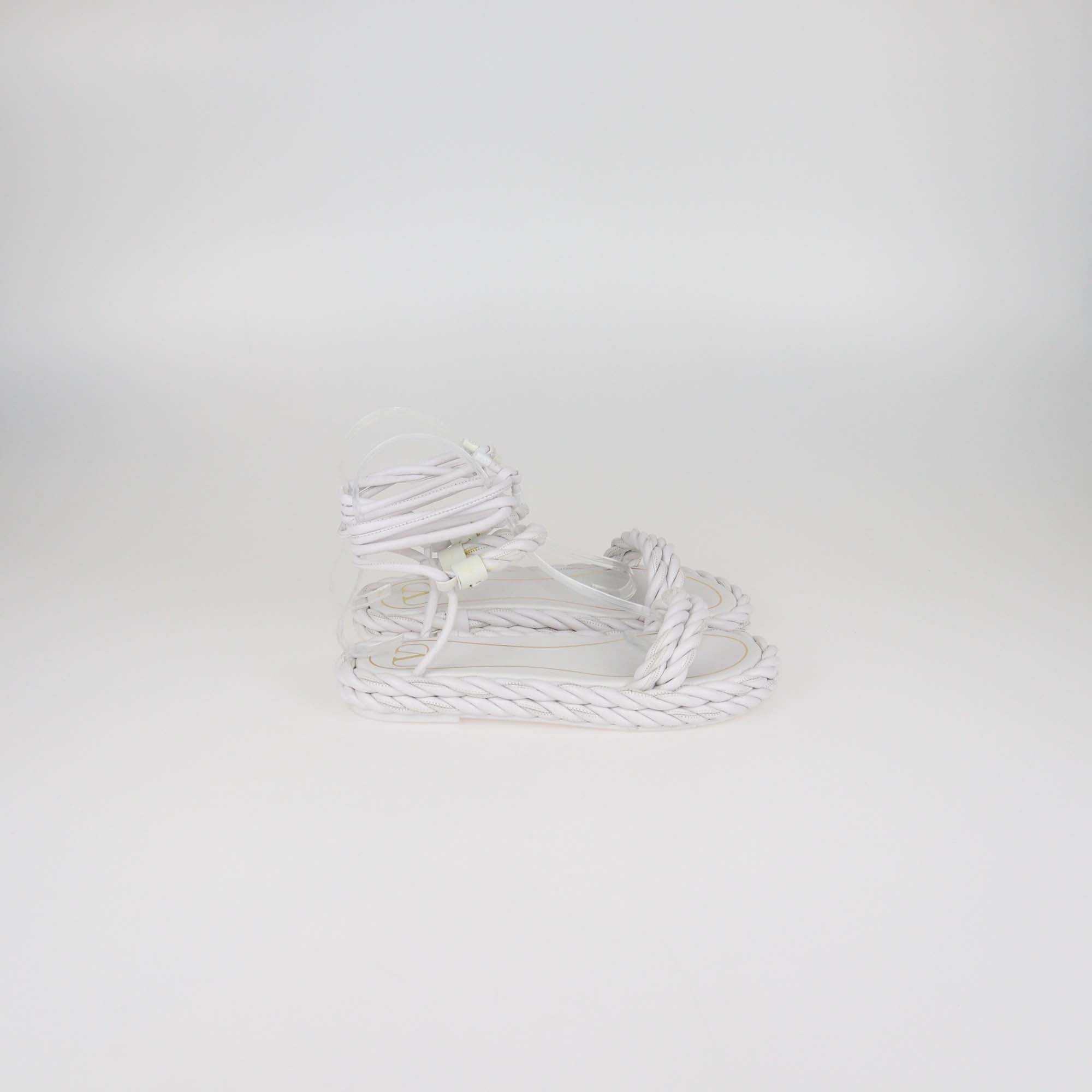 Valentino White Woven Leather The Rope Flat Sandals