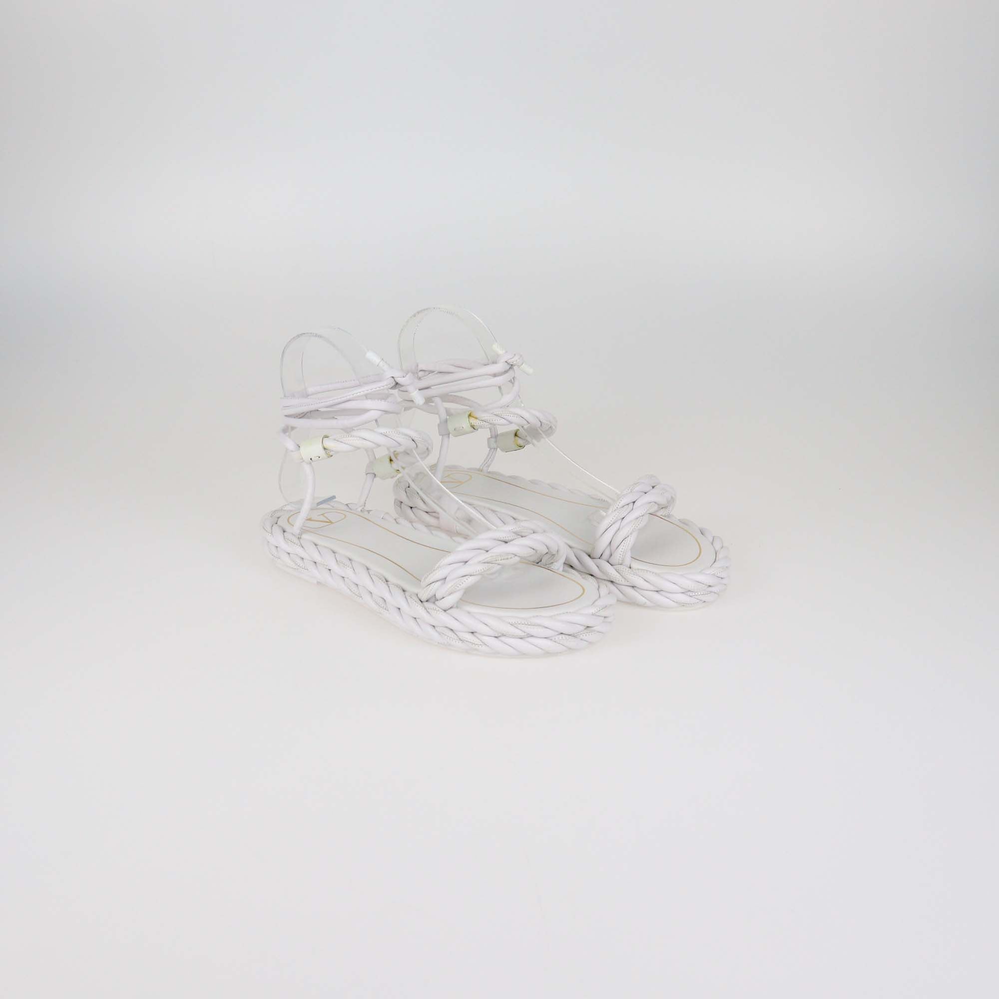 Valentino White Woven Leather The Rope Flat Sandals