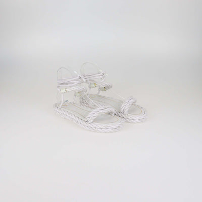 Valentino White Woven Leather The Rope Flat Sandals