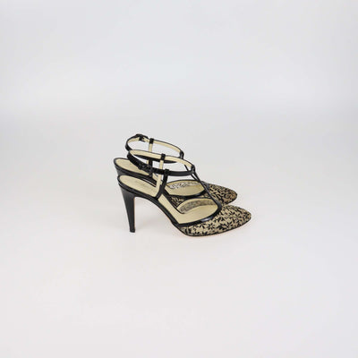 Bottega Veneta Black Patent Leather & Lace Ankle Strap Pumps