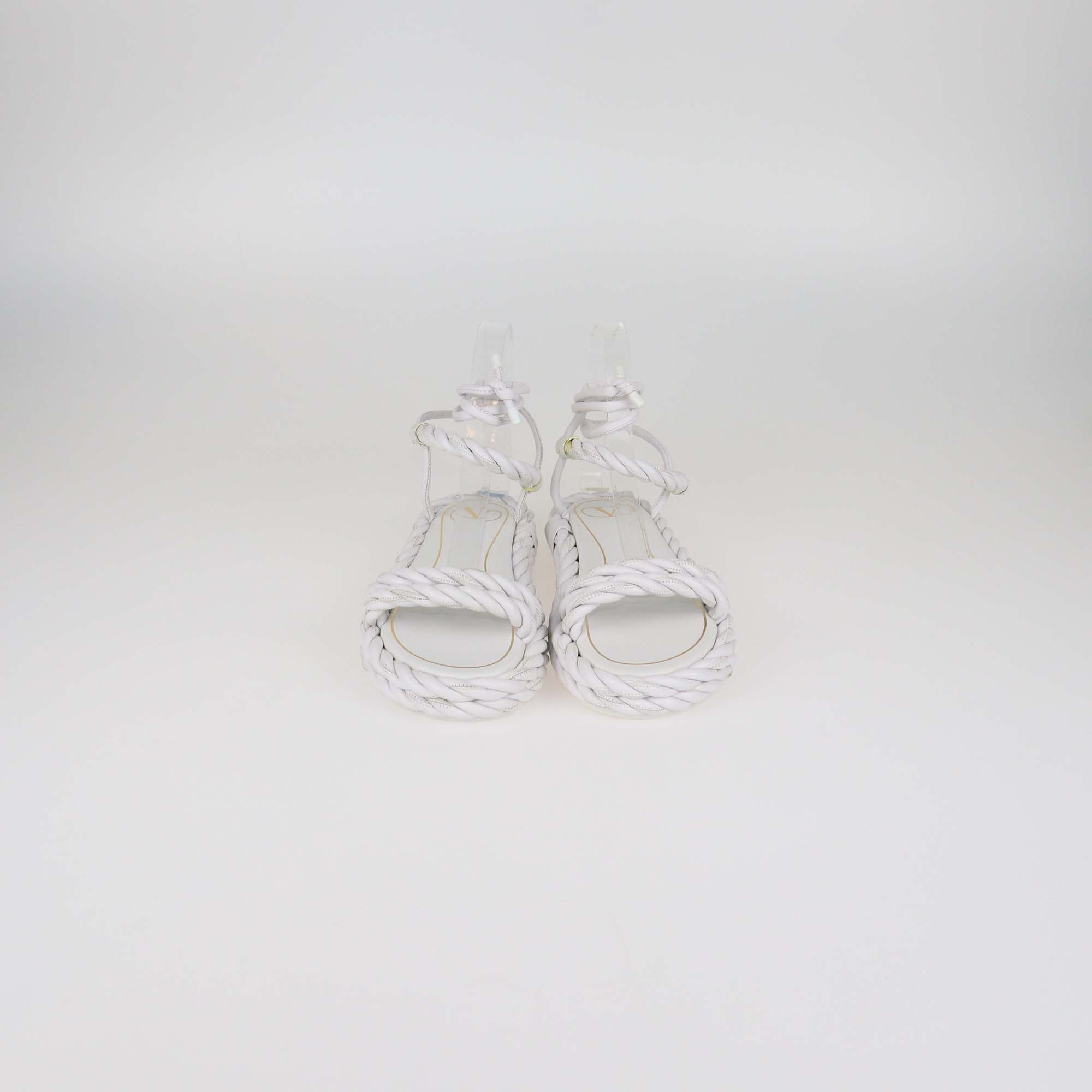 Valentino White Woven Leather The Rope Flat Sandals