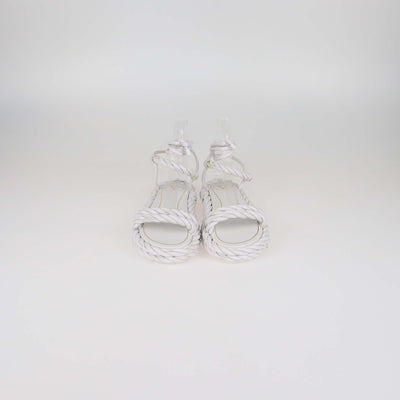 Valentino White Woven Leather The Rope Flat Sandals