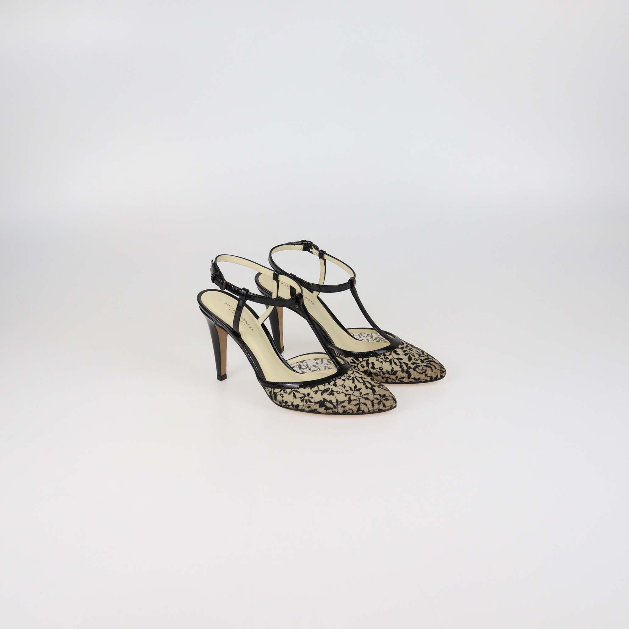 Bottega Veneta Black Patent Leather & Lace Ankle Strap Pumps