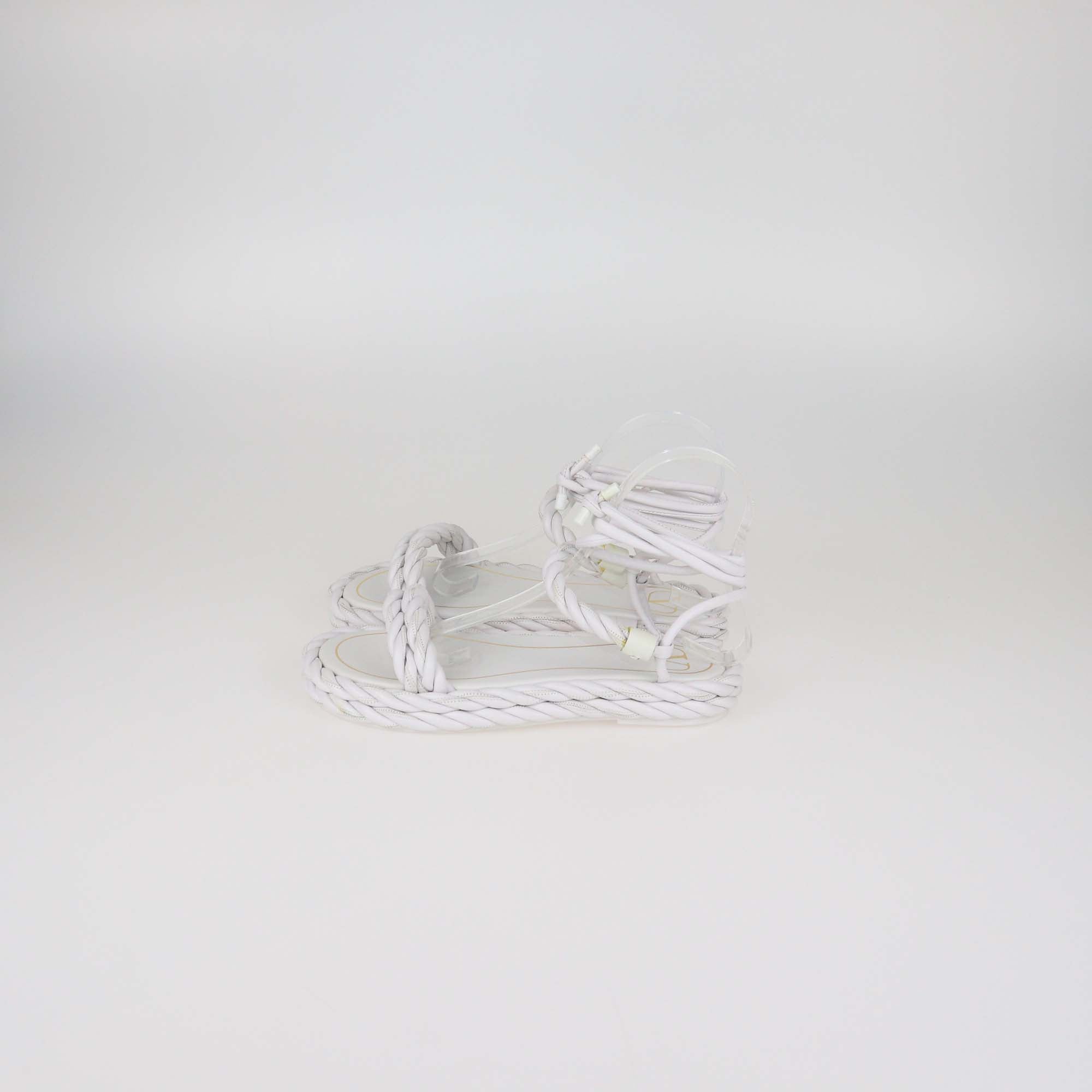 Valentino White Woven Leather The Rope Flat Sandals