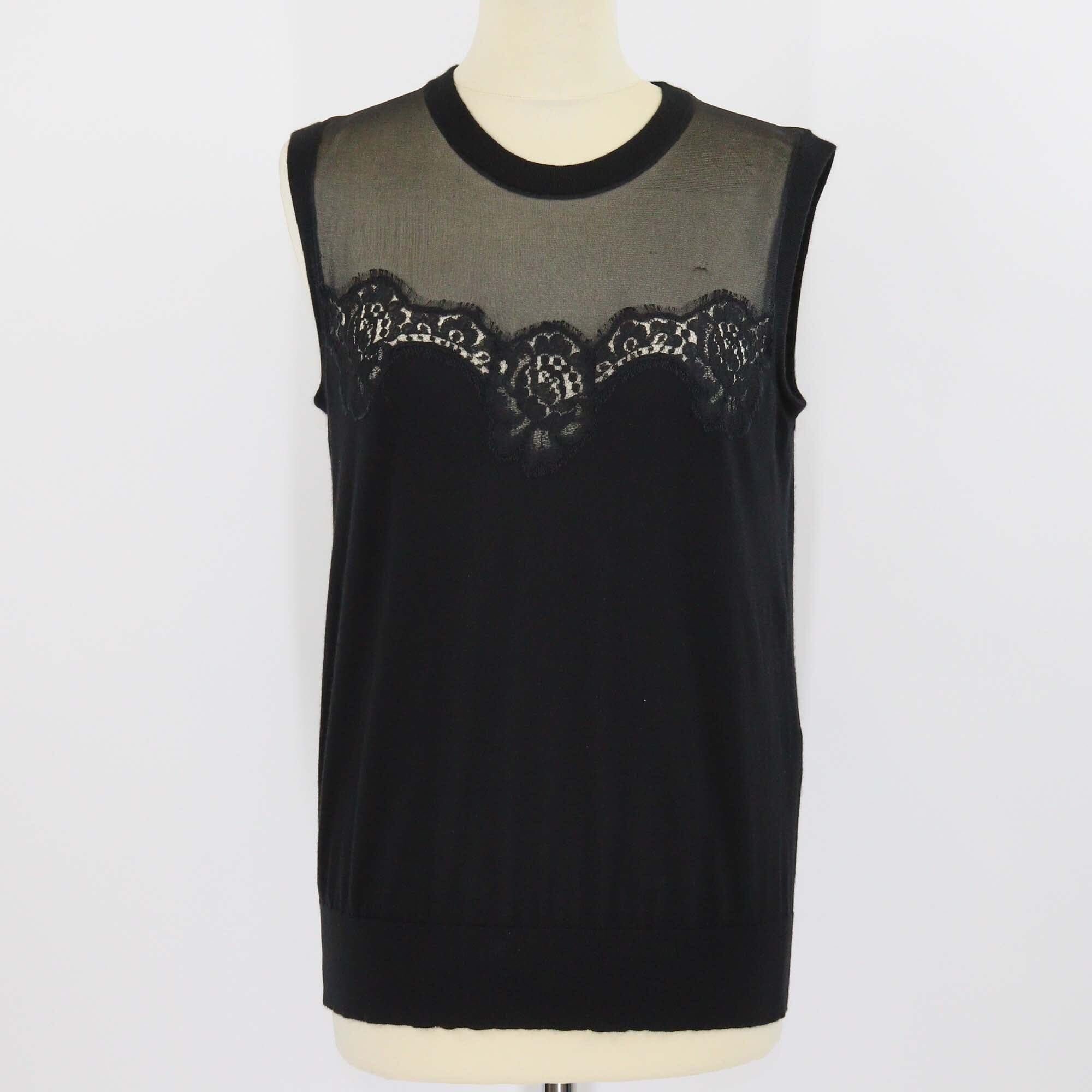 Dolce & Gabbana Black Cashmere Blended Knit Lace Trim Sleeveless Top Womens Dolce & Gabbana 