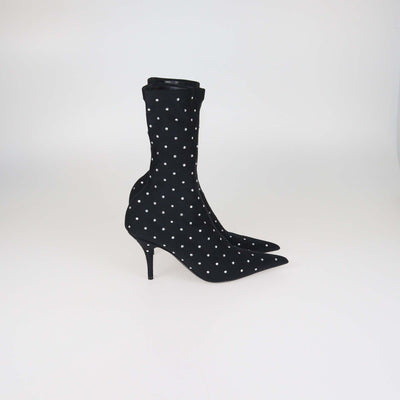 Balenciaga Black Fabric Crystal Embellished Pointed Toe Mid Calf Booties