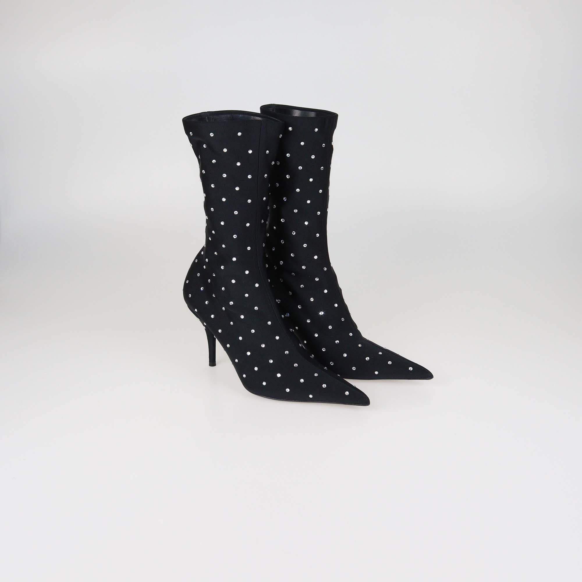 Balenciaga Black Fabric Crystal Embellished Pointed Toe Mid Calf Booties