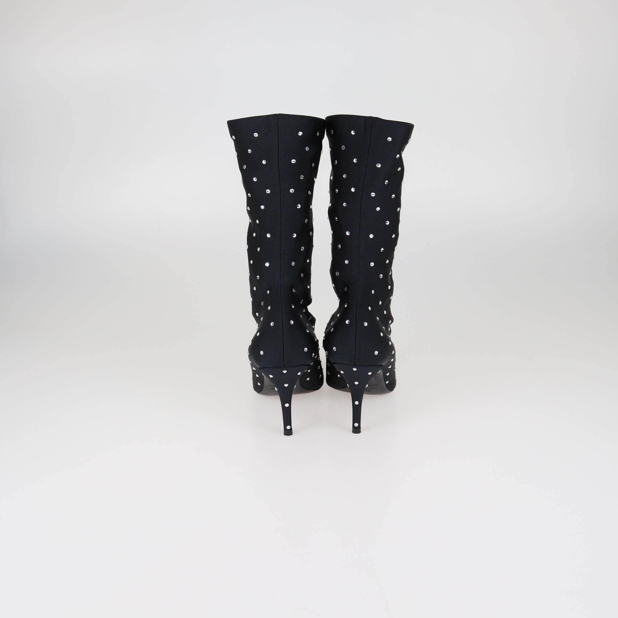 Balenciaga Black Fabric Crystal Embellished Pointed Toe Mid Calf Booties