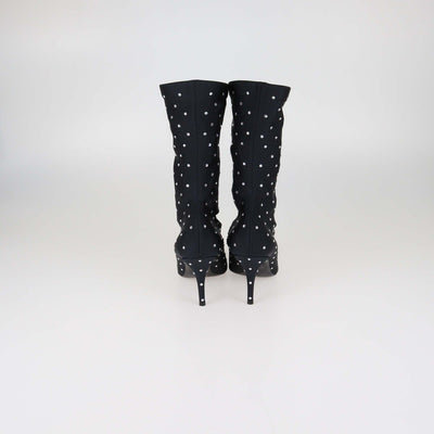 Balenciaga Black Fabric Crystal Embellished Pointed Toe Mid Calf Booties