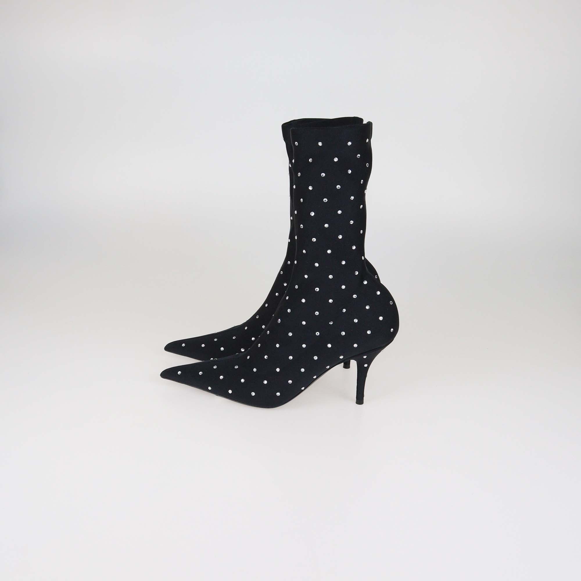 Balenciaga Black Fabric Crystal Embellished Pointed Toe Mid Calf Booties