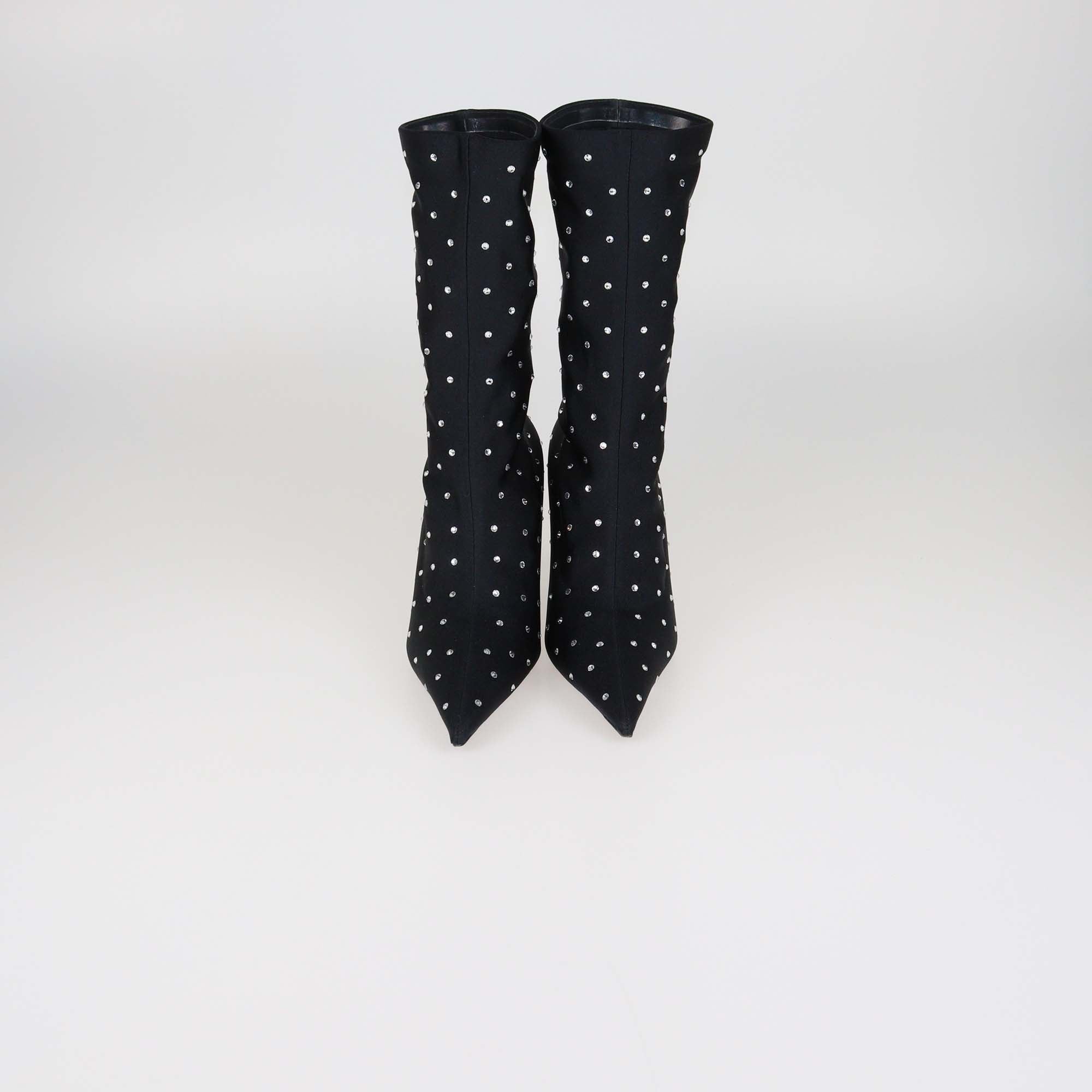 Balenciaga Black Fabric Crystal Embellished Pointed Toe Mid Calf Booties
