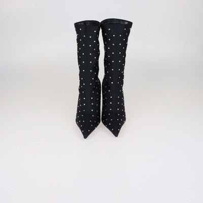 Balenciaga Black Fabric Crystal Embellished Pointed Toe Mid Calf Booties