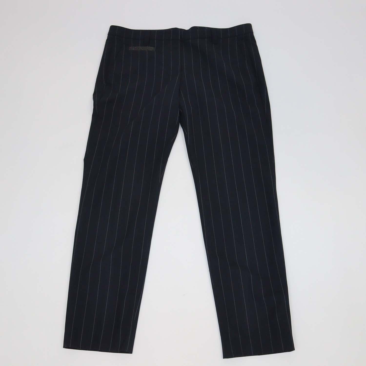 Brunello Cucinelli Navy Wool Blend Striped Straight Leg Pants