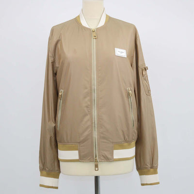 Dolce & Gabbana Brown,White Nylon Logo Plaque Bomber Jacket