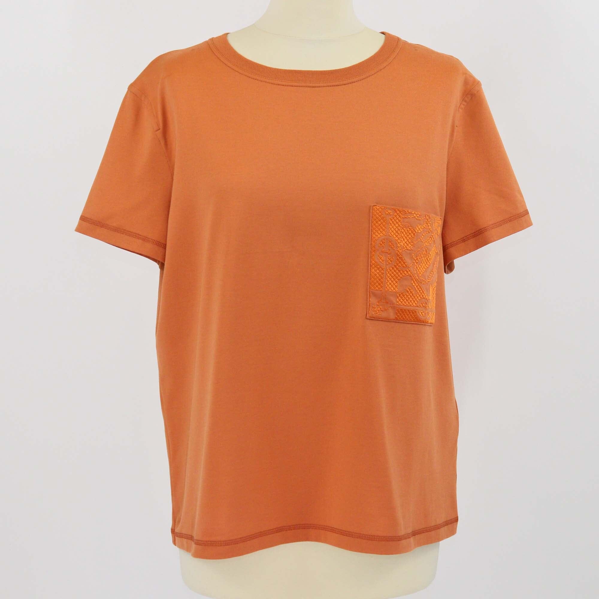 Hermes Orange Cotton Embroidered Pocket Short Sleeve T-Shirt Womens Hermes 