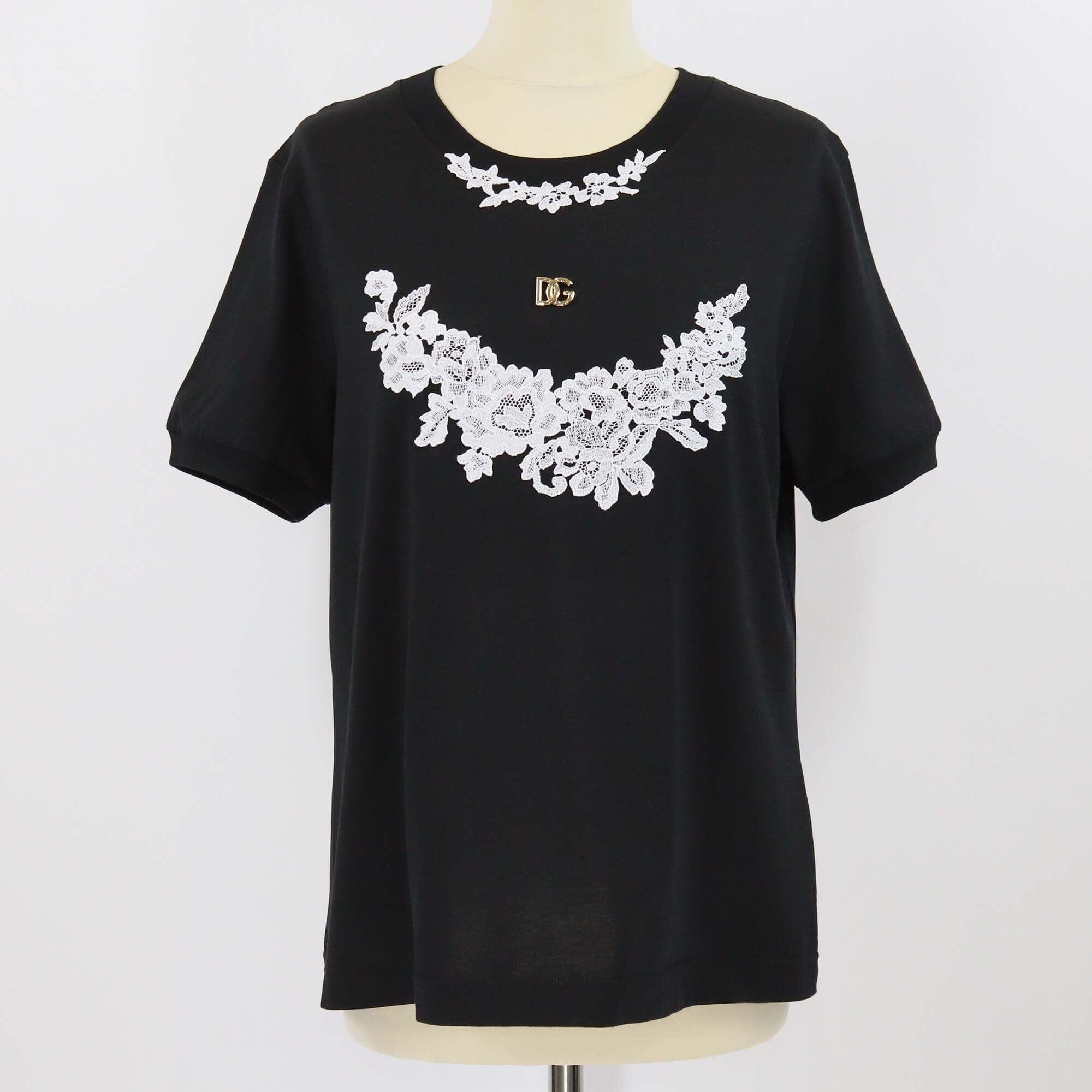 Dolce & Gabbana Black Lace Patch Cotton Short Sleeve T-Shirt Womens Dolce & Gabbana 