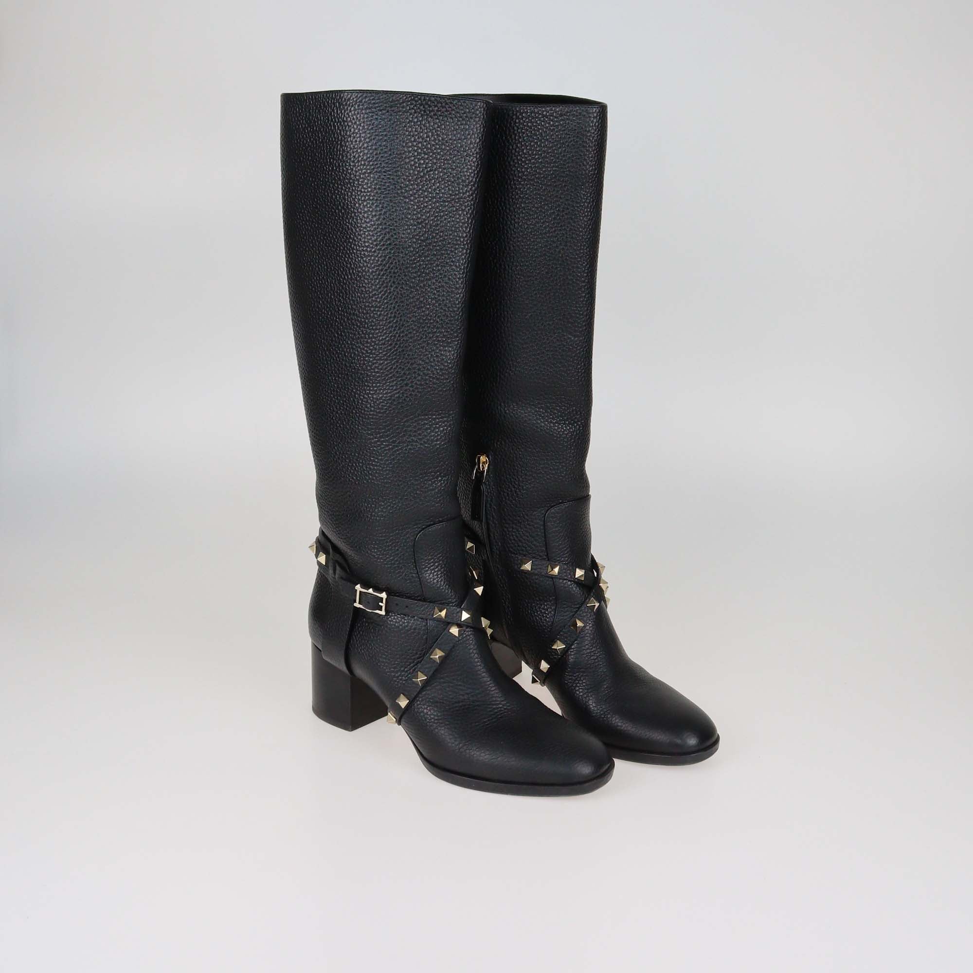 Valentino Black Leather Rockstud Buckle Riding Knee Length Boots