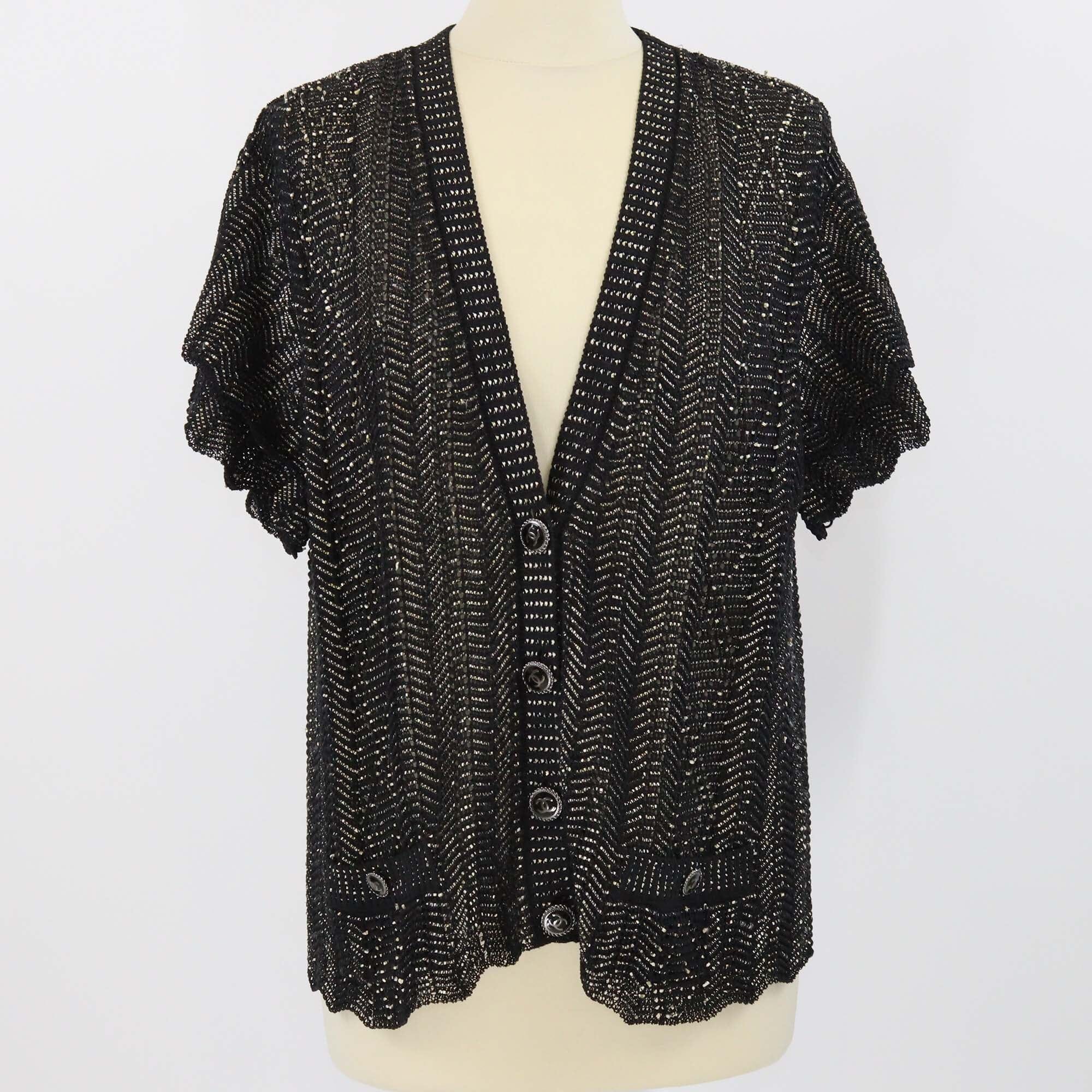 Chanel Black Crochet Knit Short Sleeve Cardigan Womens Chanel 