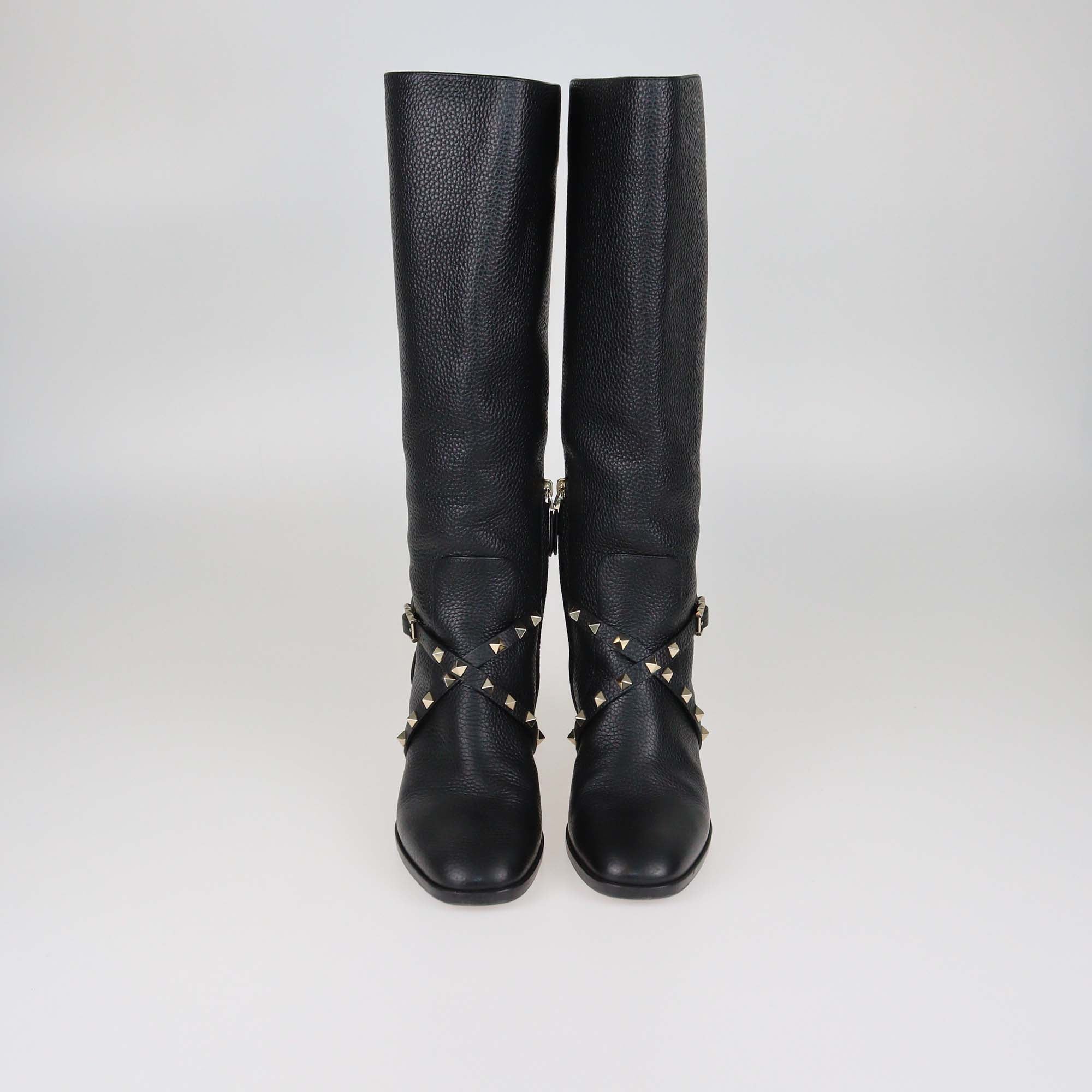 Valentino Black Leather Rockstud Buckle Riding Knee Length Boots