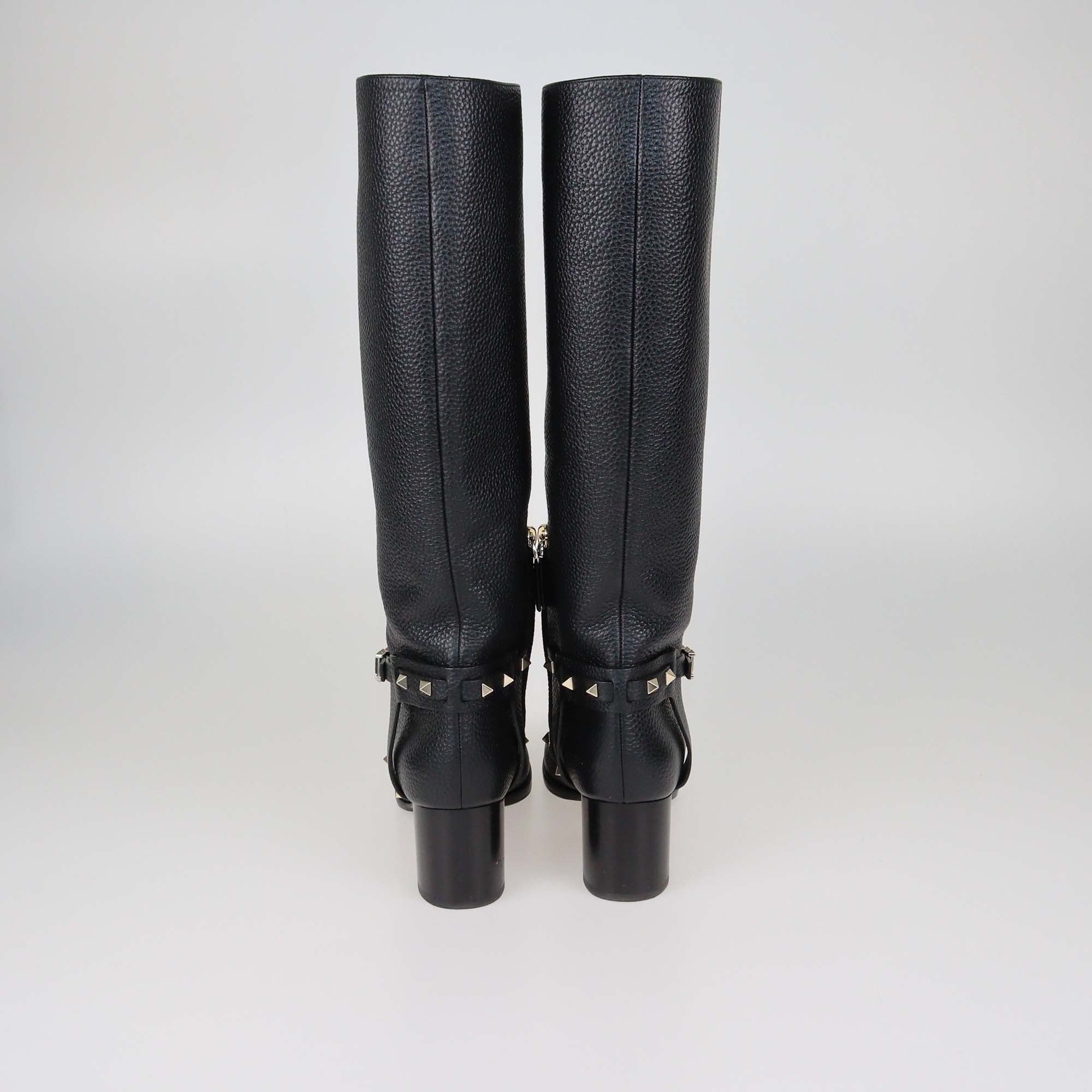 Valentino Black Leather Rockstud Buckle Riding Knee Length Boots