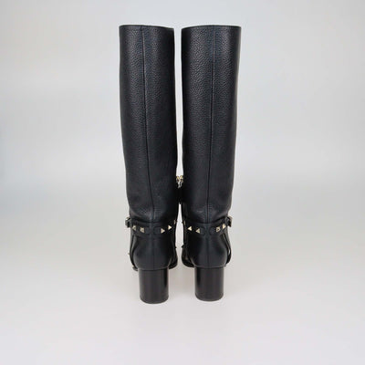Valentino Black Leather Rockstud Buckle Riding Knee Length Boots