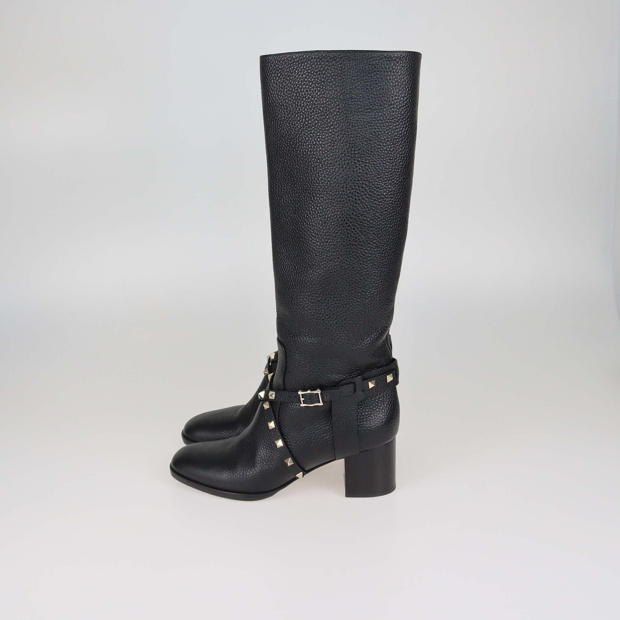 Valentino Black Leather Rockstud Buckle Riding Knee Length Boots