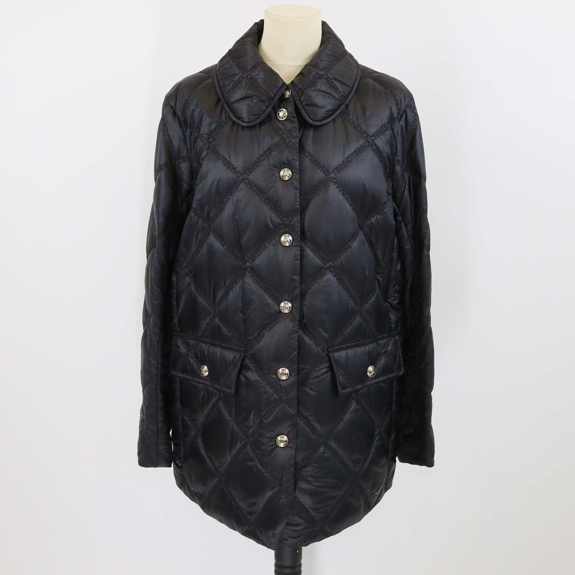 Chanel Black Nylon Embroidered Logo Padded Button Up Jacket Womens Chanel 