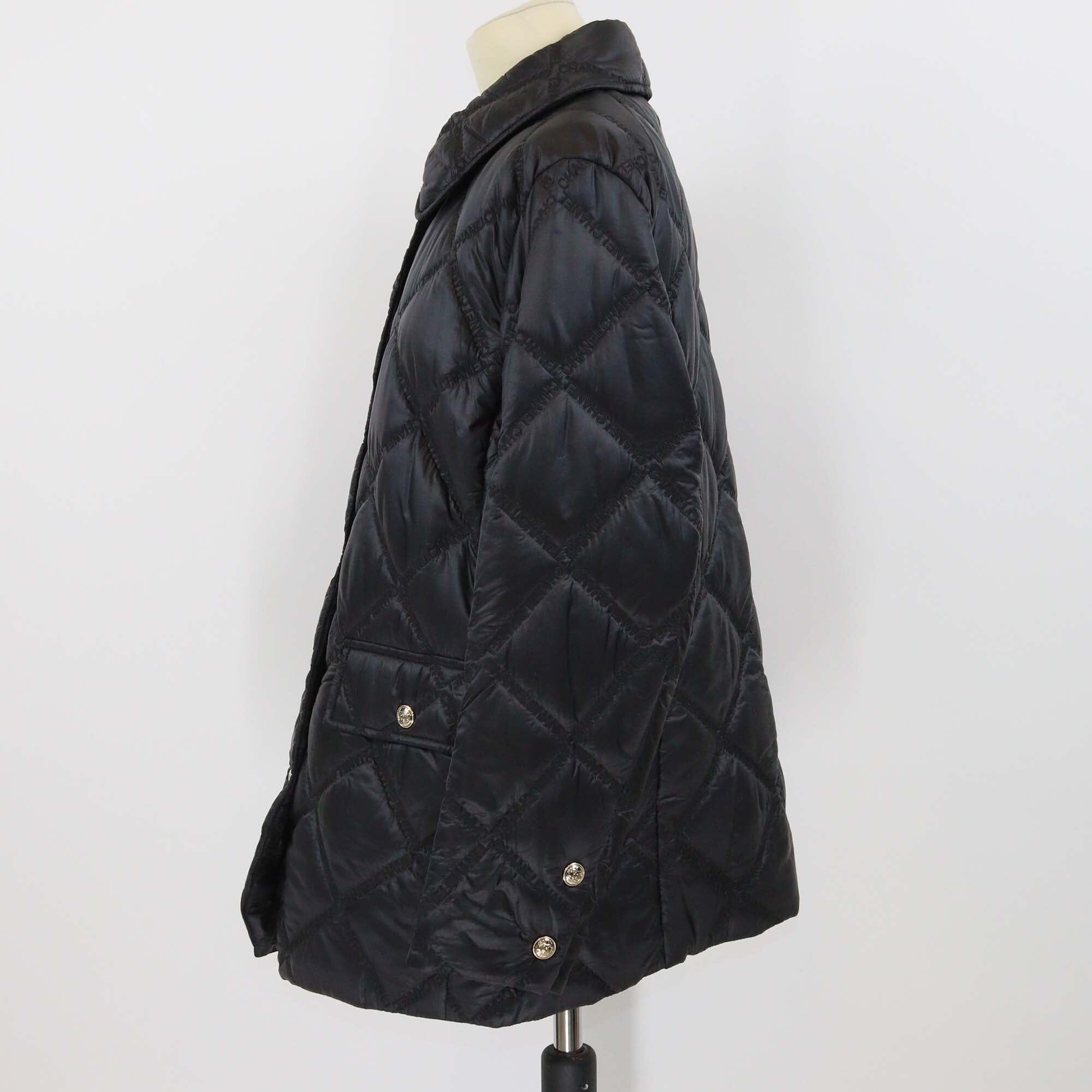 Chanel Black Nylon Embroidered Logo Padded Button Up Jacket Womens Chanel 
