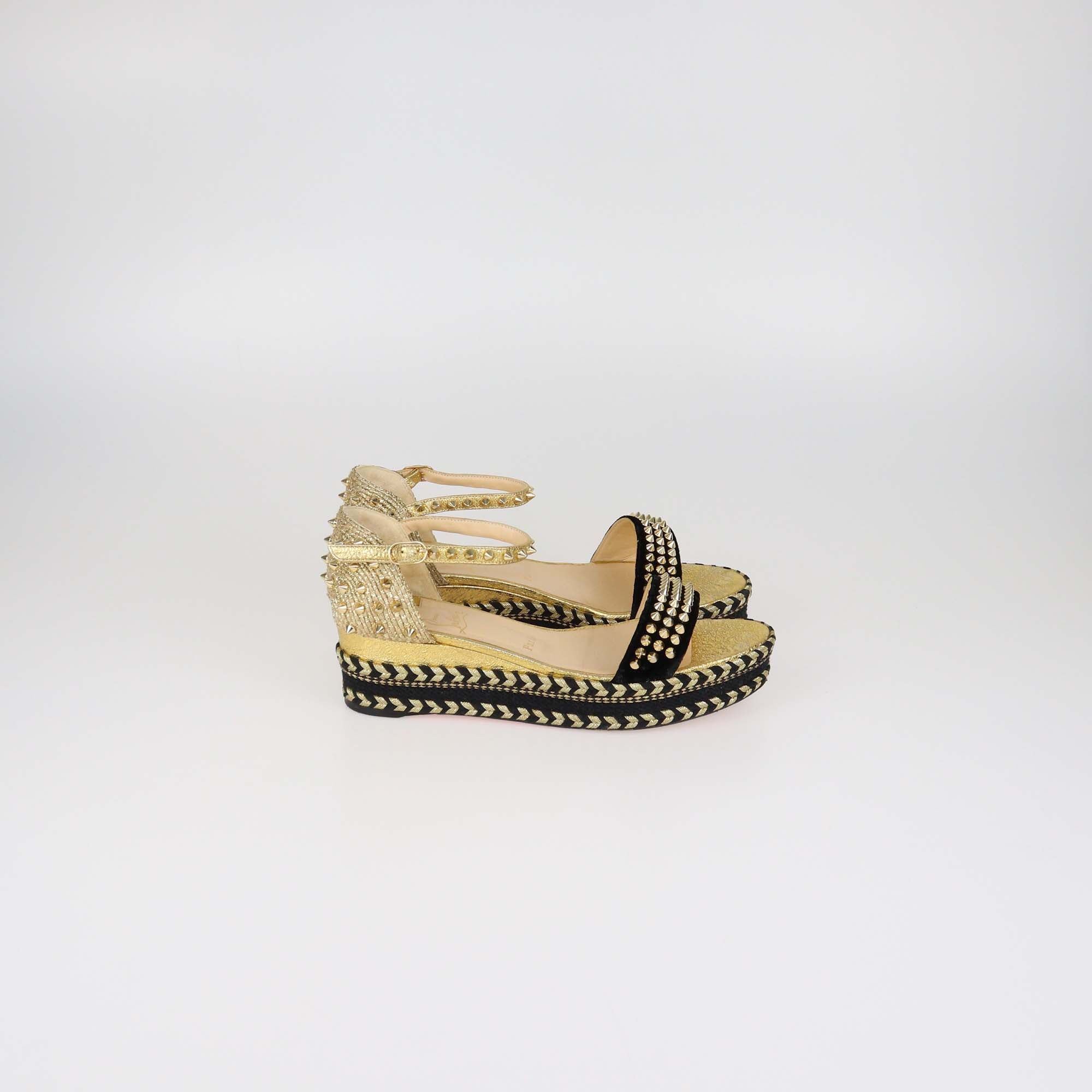 Christian Louboutin Gold/Black Velvet and Straw Jute Spiked Espadrille Wedge Sandals