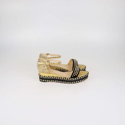 Christian Louboutin Gold/Black Velvet and Straw Jute Spiked Espadrille Wedge Sandals