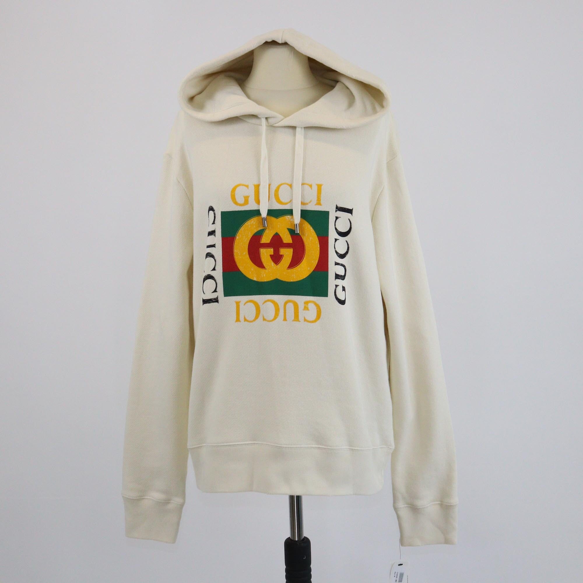 Gucci Cream Logo Print Hoodie Sweatshirt Mens Gucci 