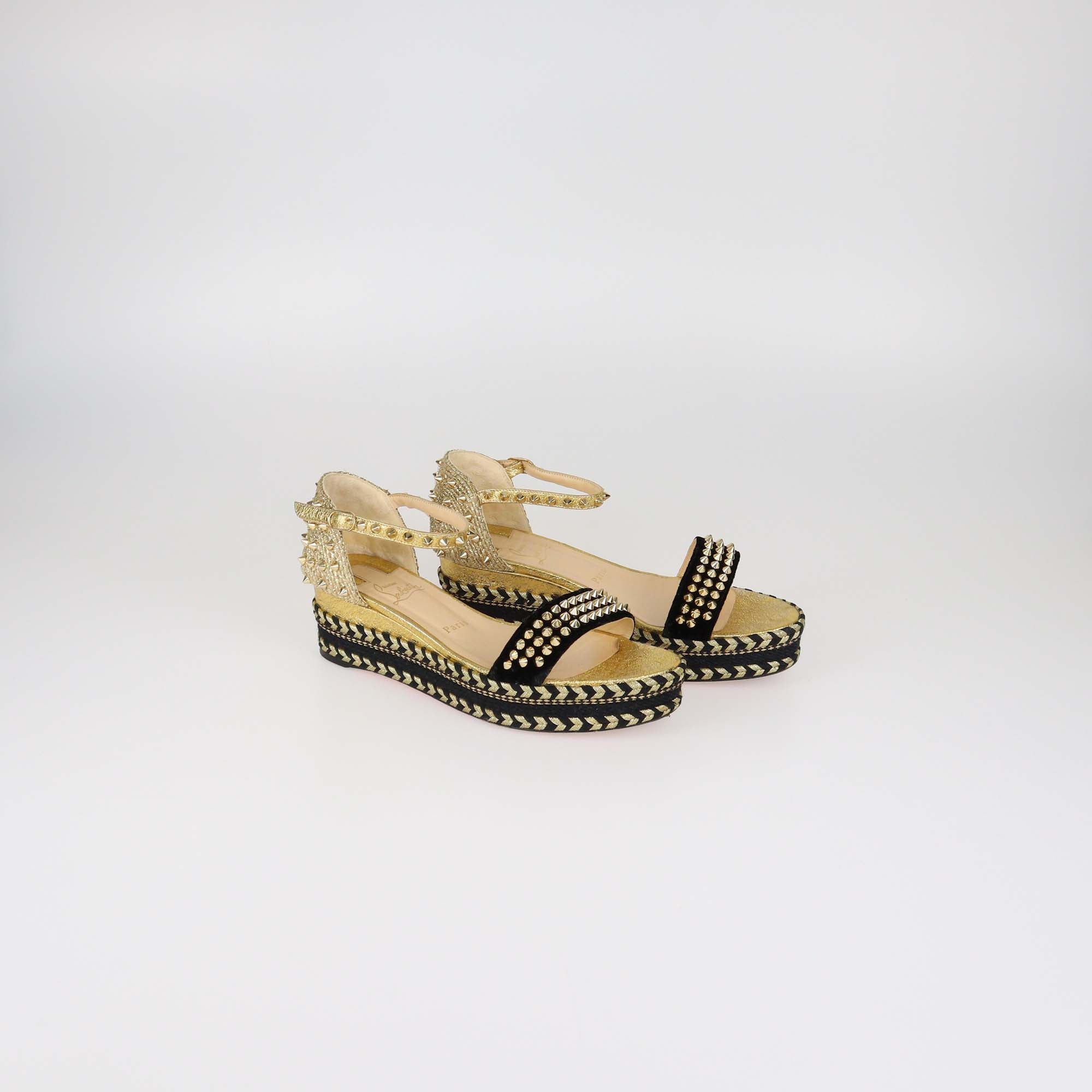 Christian Louboutin Gold/Black Velvet and Straw Jute Spiked Espadrille Wedge Sandals