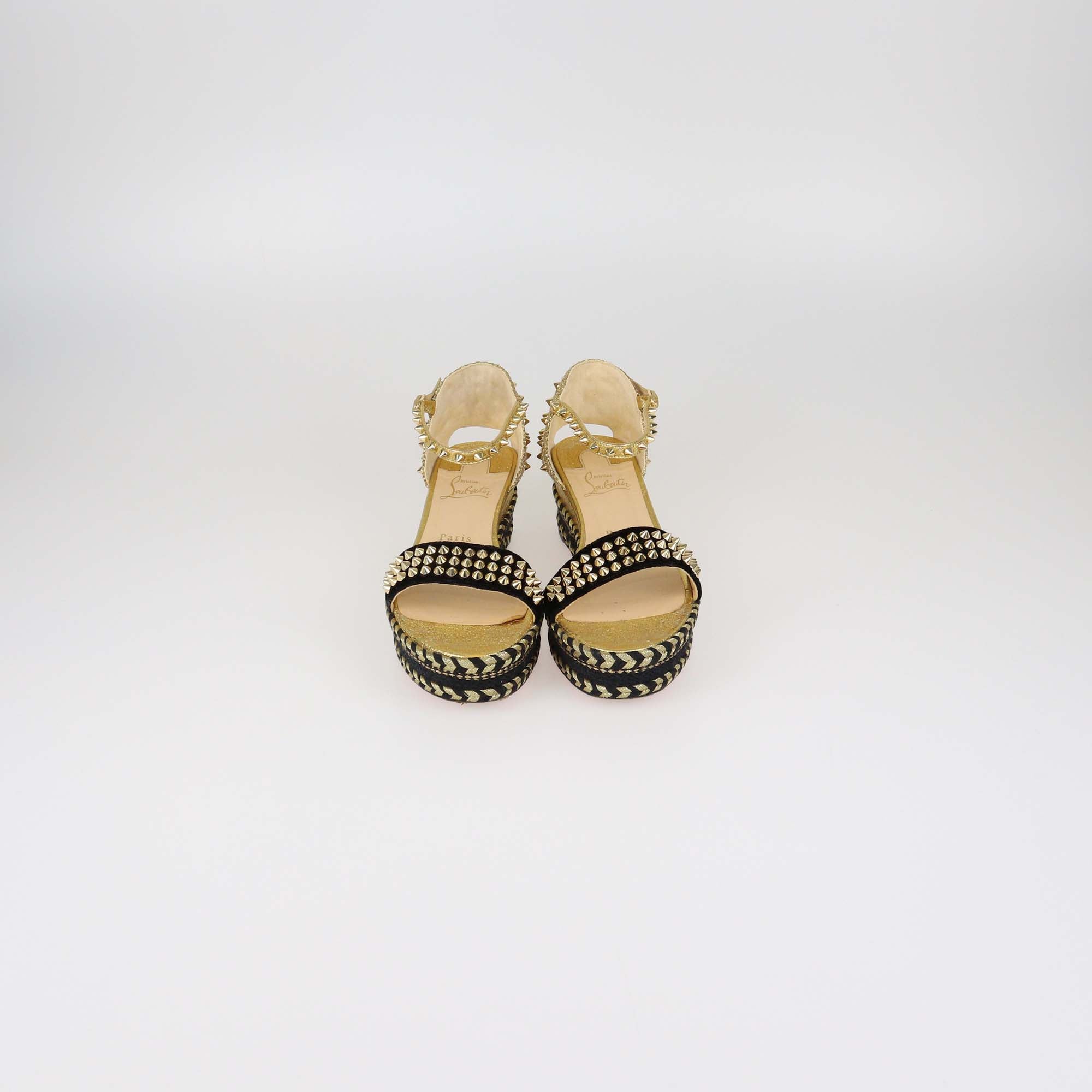 Christian Louboutin Gold/Black Velvet and Straw Jute Spiked Espadrille Wedge Sandals