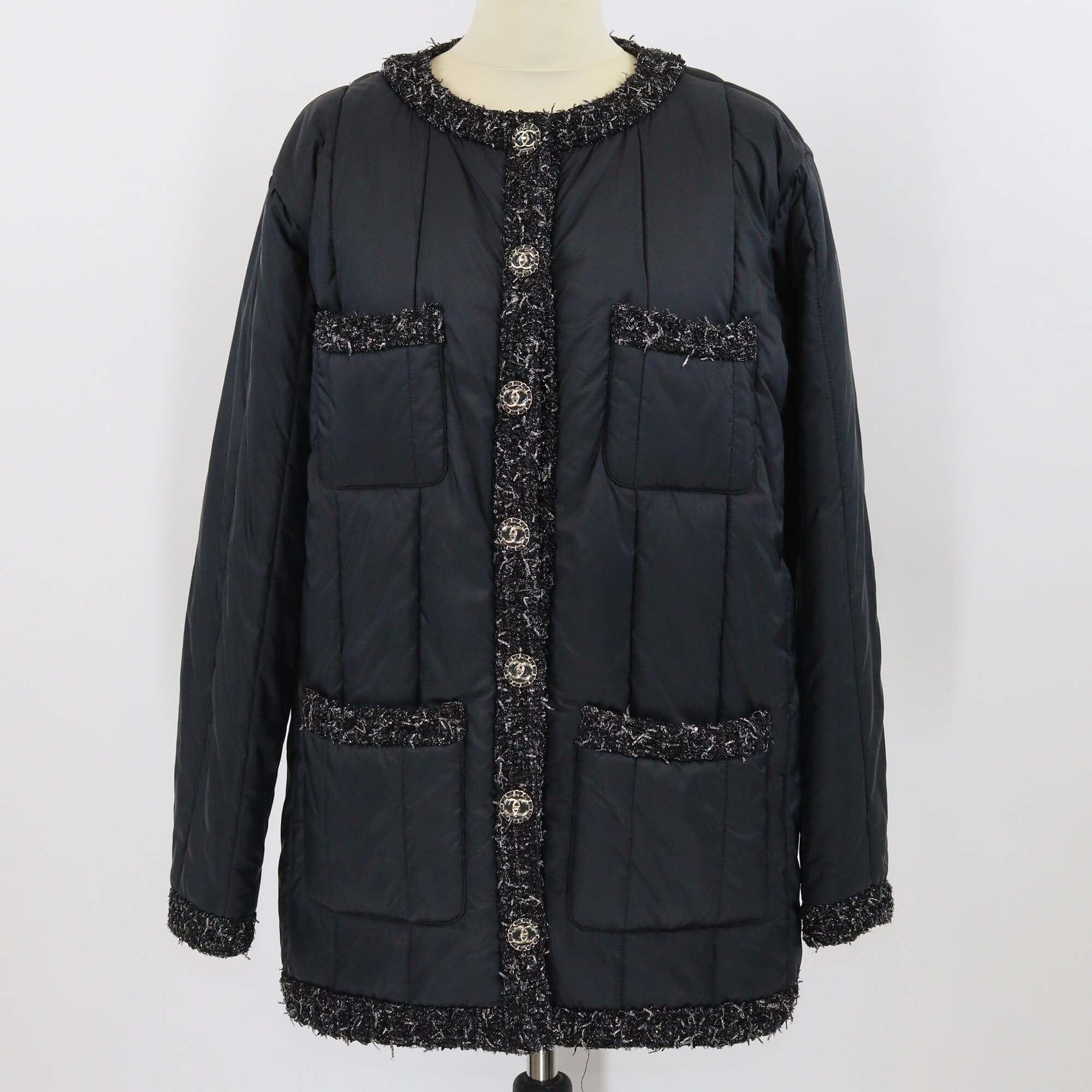 Chanel Black Nylon and Tweed CC Buttons Puffer Jacket Womens Chanel 